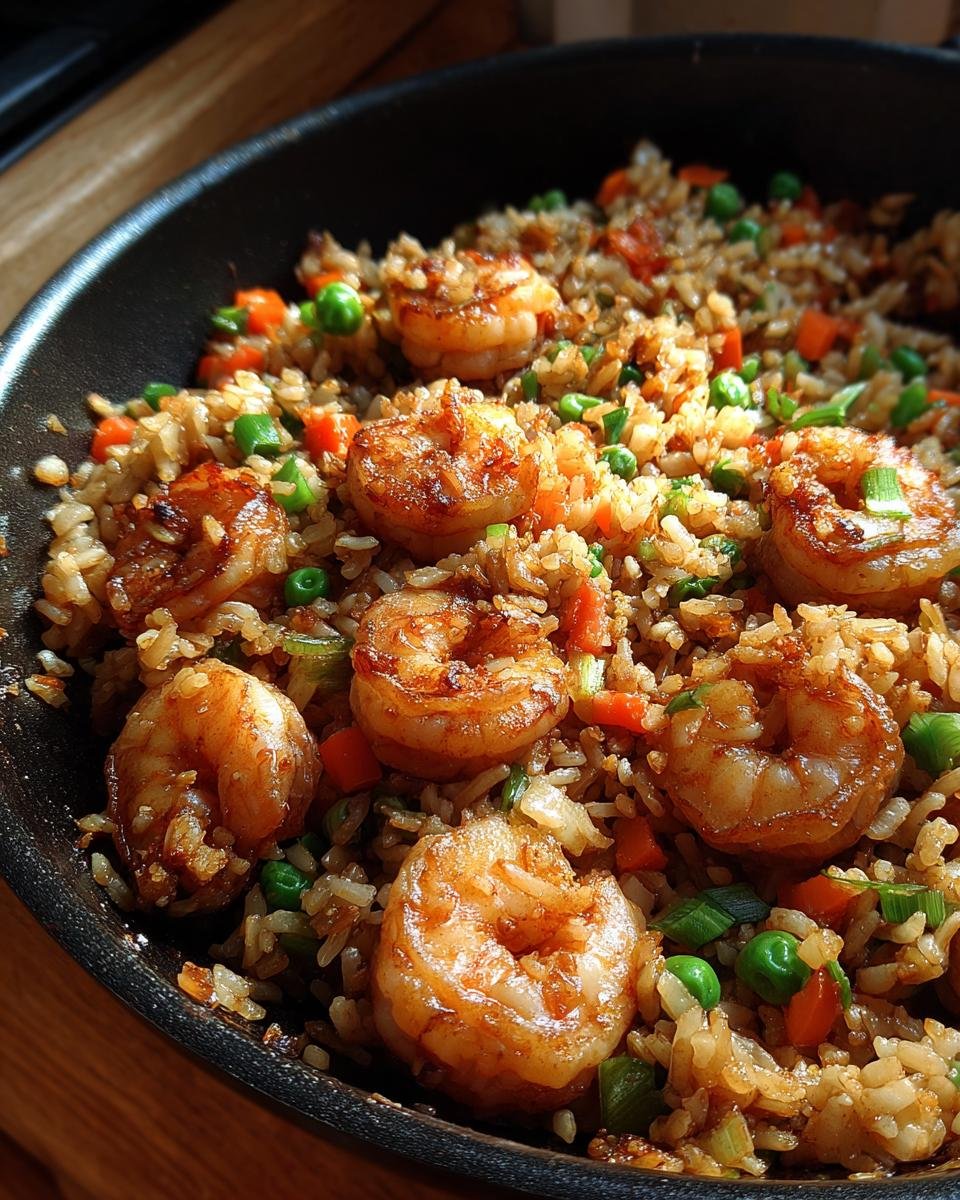 Close-up of Shrimp Fried Rice with shrimp, rice, peas, and carrots in a black pan.