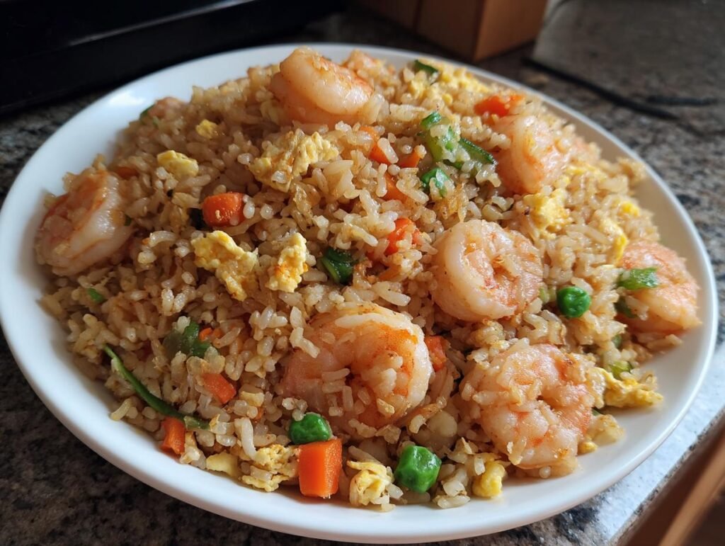 A plate of homemade Shrimp Fried Rice with shrimp, rice, peas, carrots, and scrambled eggs.