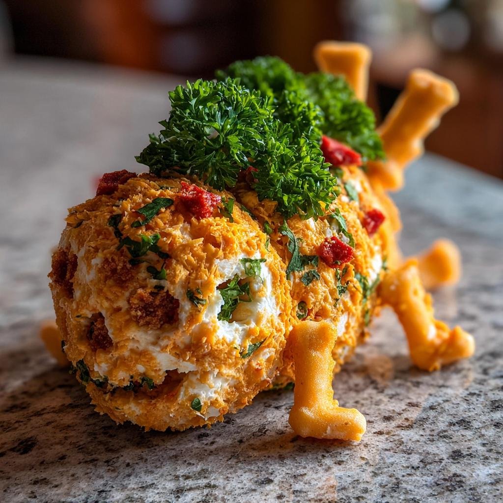A creative Skellington Cheese Ball Appetizer (2025) decorated with herbs and cheese cracker legs.