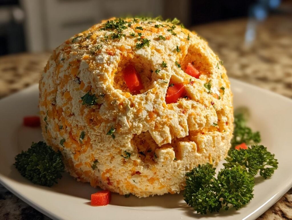 A festive Skellington Cheese Ball Appetizer with a carved face and herb garnish on a white plate.