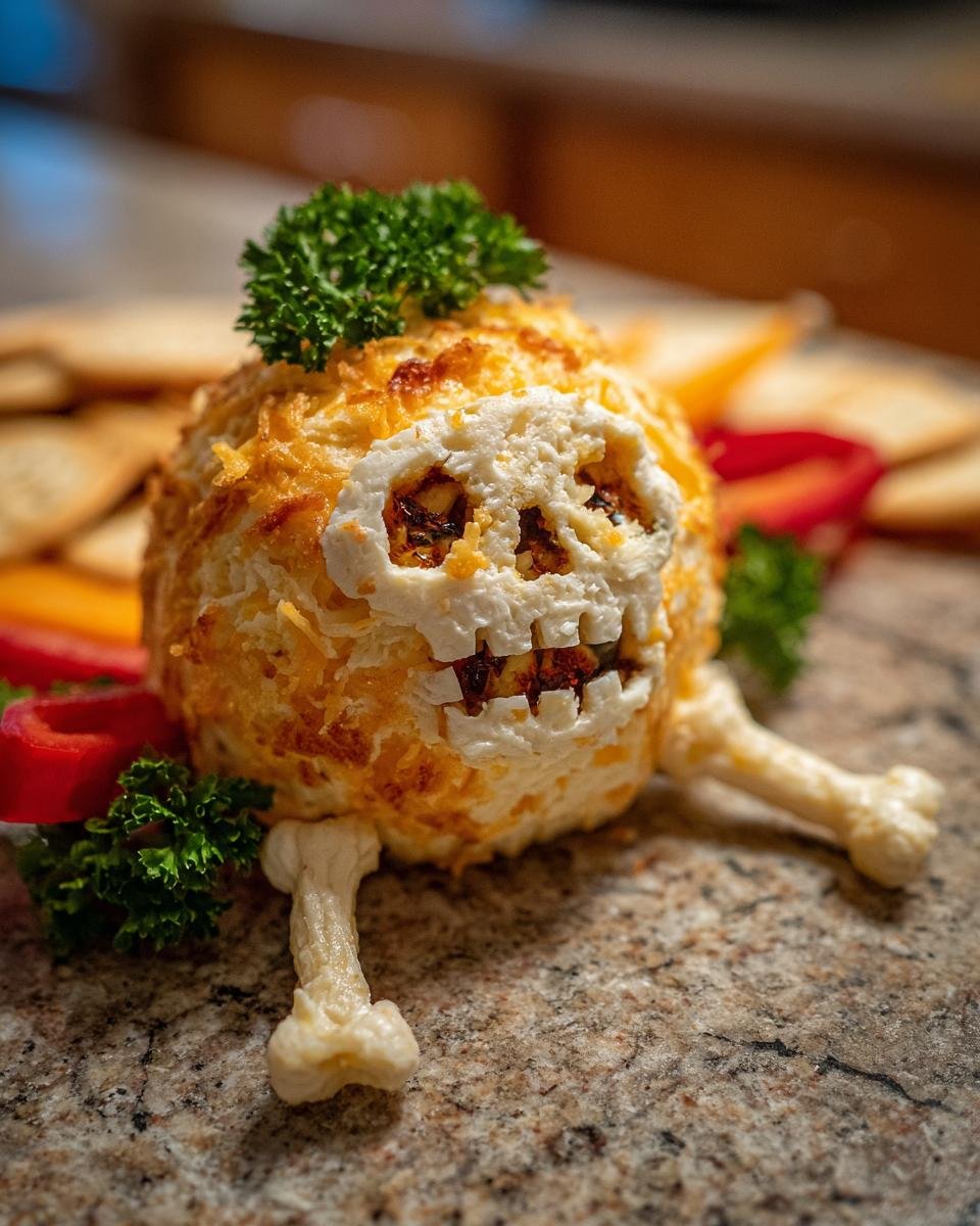 Festive Skellington Cheese Ball Appetizer (2025) with crackers and peppers, perfect for Halloween parties.
