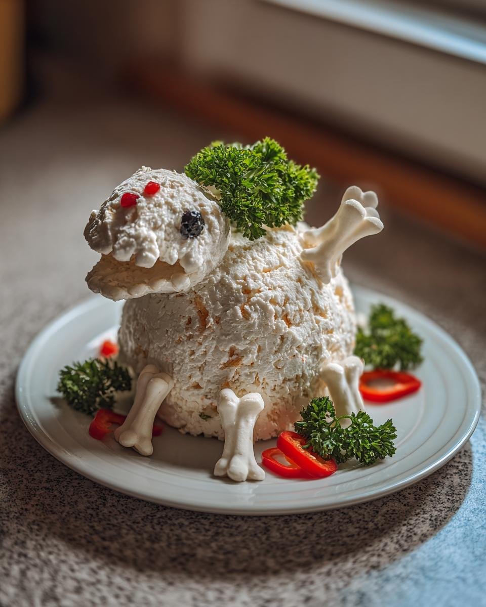 A Skellington Cheese Ball Appetizer shaped like a skeleton on a white plate with parsley and red pepper slices.