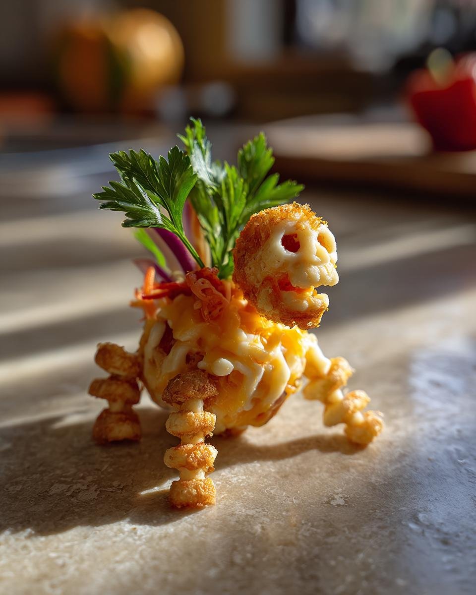 Close-up of a creative Skellington Cheese Ball Appetizer decorated with cheese, herbs, and a skull-shaped head.