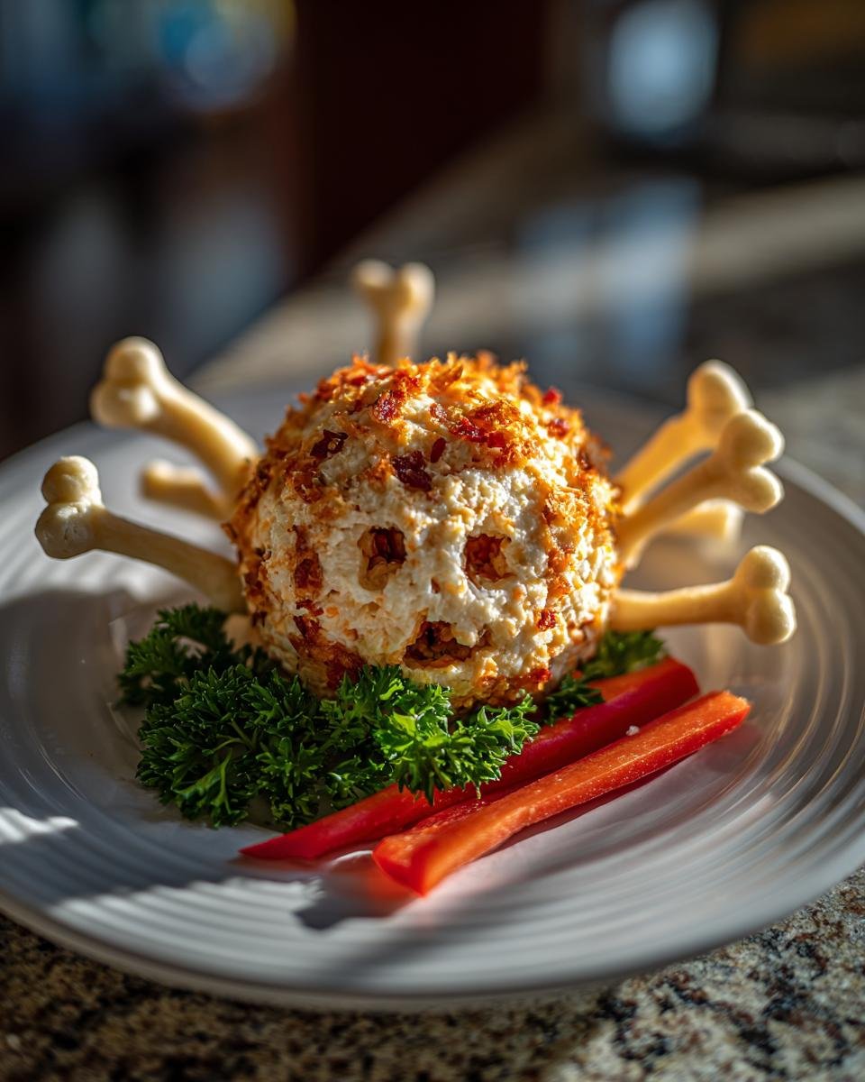 A Skellington Cheese Ball Appetizer (2025) decorated with bone-shaped crackers, parsley, and red pepper strips on a white plate.