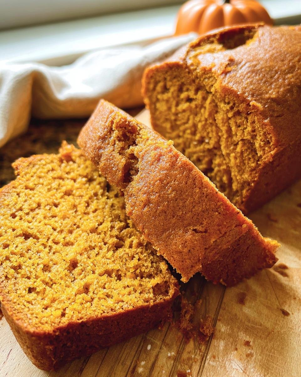 Close-up of sliced pumpkin bread on a wooden board, showcasing its texture and color.