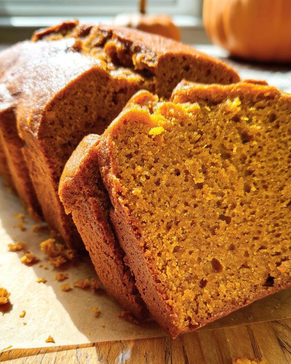 Close-up of sliced pumpkin bread showing the moist texture and warm color.