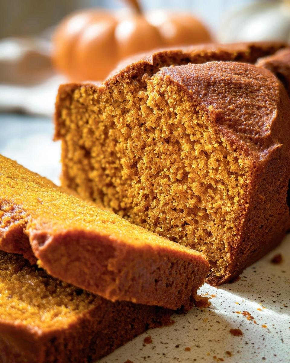 Close-up of a sliced loaf of pumpkin bread, showcasing its moist texture and warm color.
