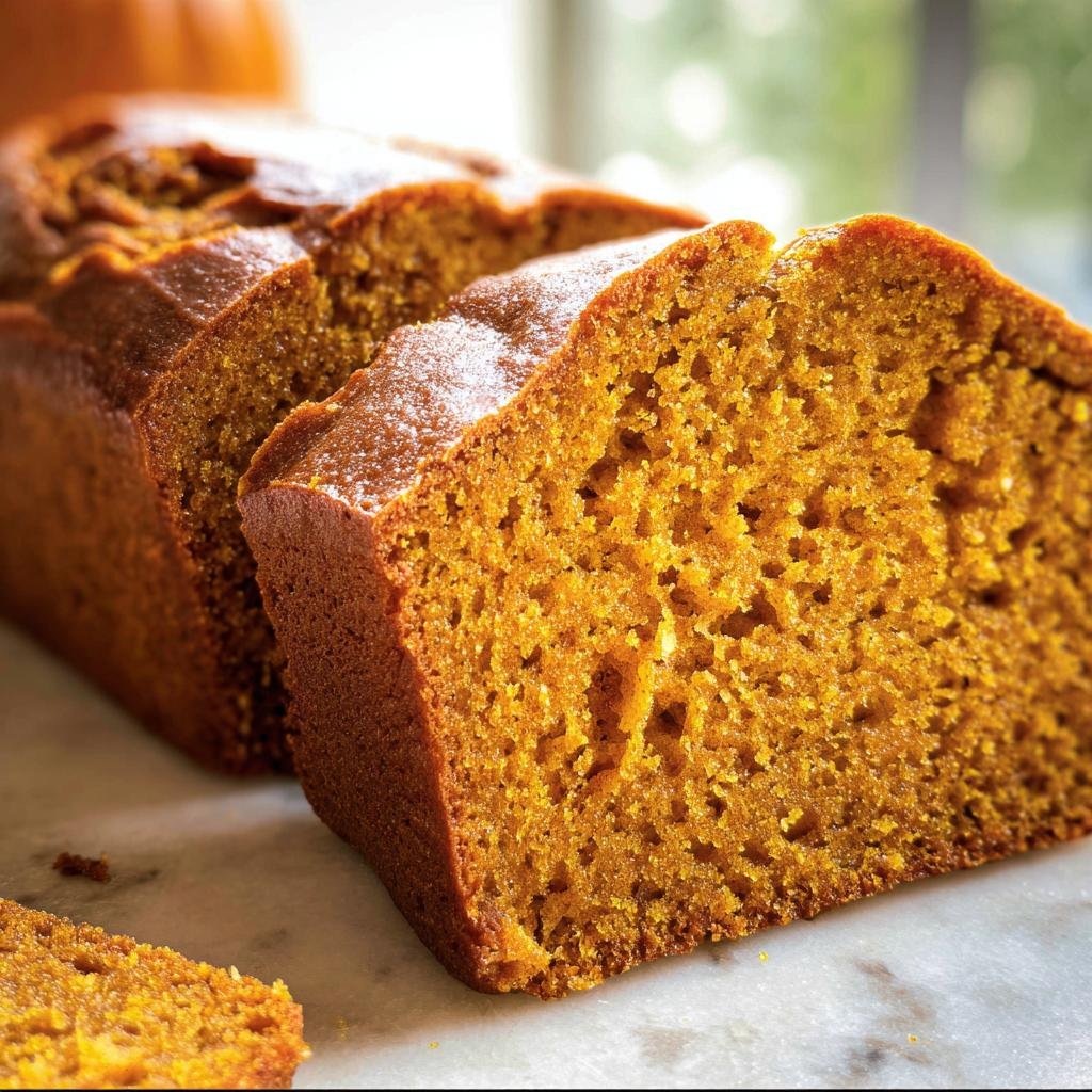 Close-up of sliced pumpkin bread showing the moist texture and warm color.