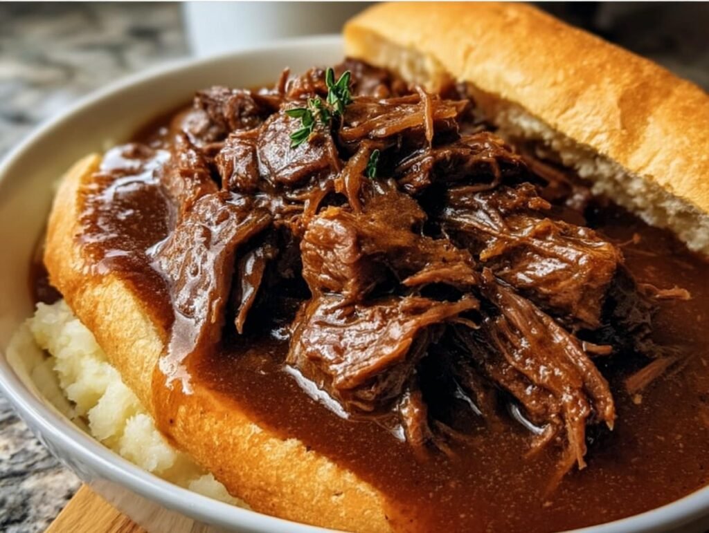 A hearty serving of Slow Cooker Beef Manhattan featuring tender beef, gravy, mashed potatoes, and bread.
