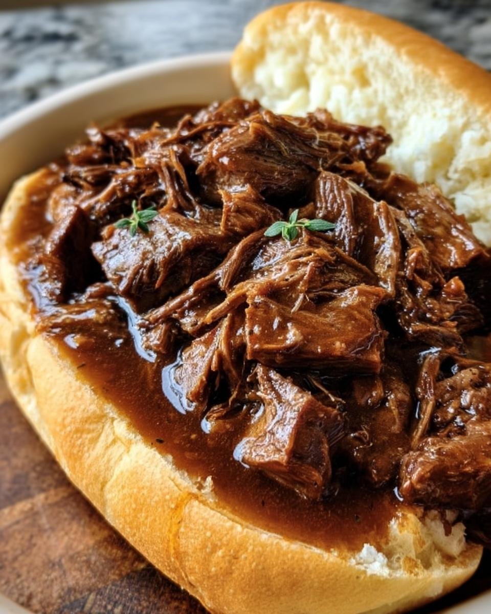 Close-up of Slow Cooker Beef Manhattan served open-faced on a bun, topped with gravy and herbs.