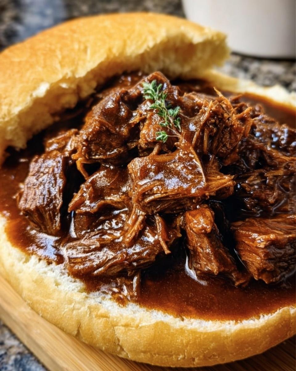 Close-up of Slow Cooker Beef Manhattan served open-faced on a bun with gravy and a sprig of thyme.