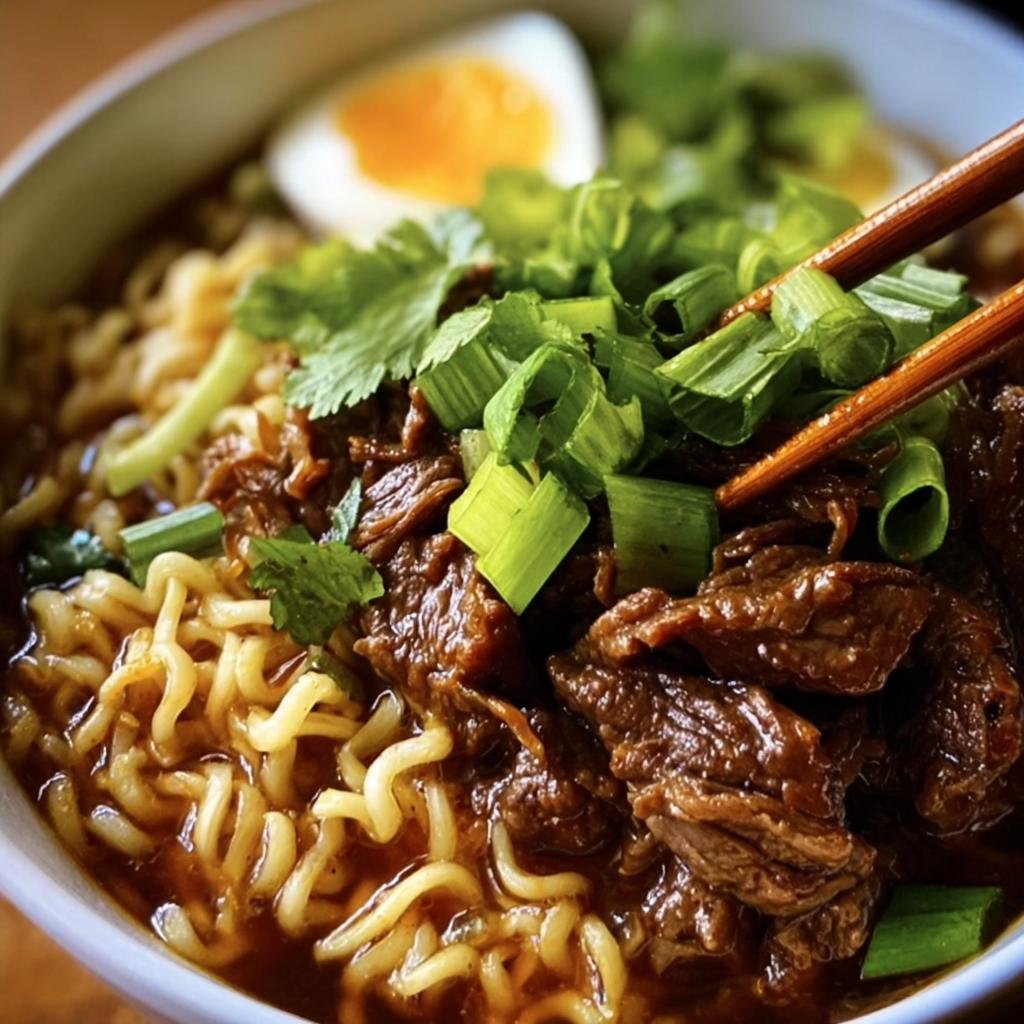 A delicious bowl of Slow Cooker Beef Ramen Noodles with tender beef, noodles, egg, and green onions.