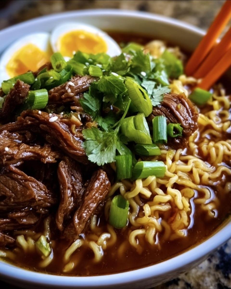 A close-up of Slow Cooker Beef Ramen Noodles in a bowl, topped with beef, egg, and green onions.