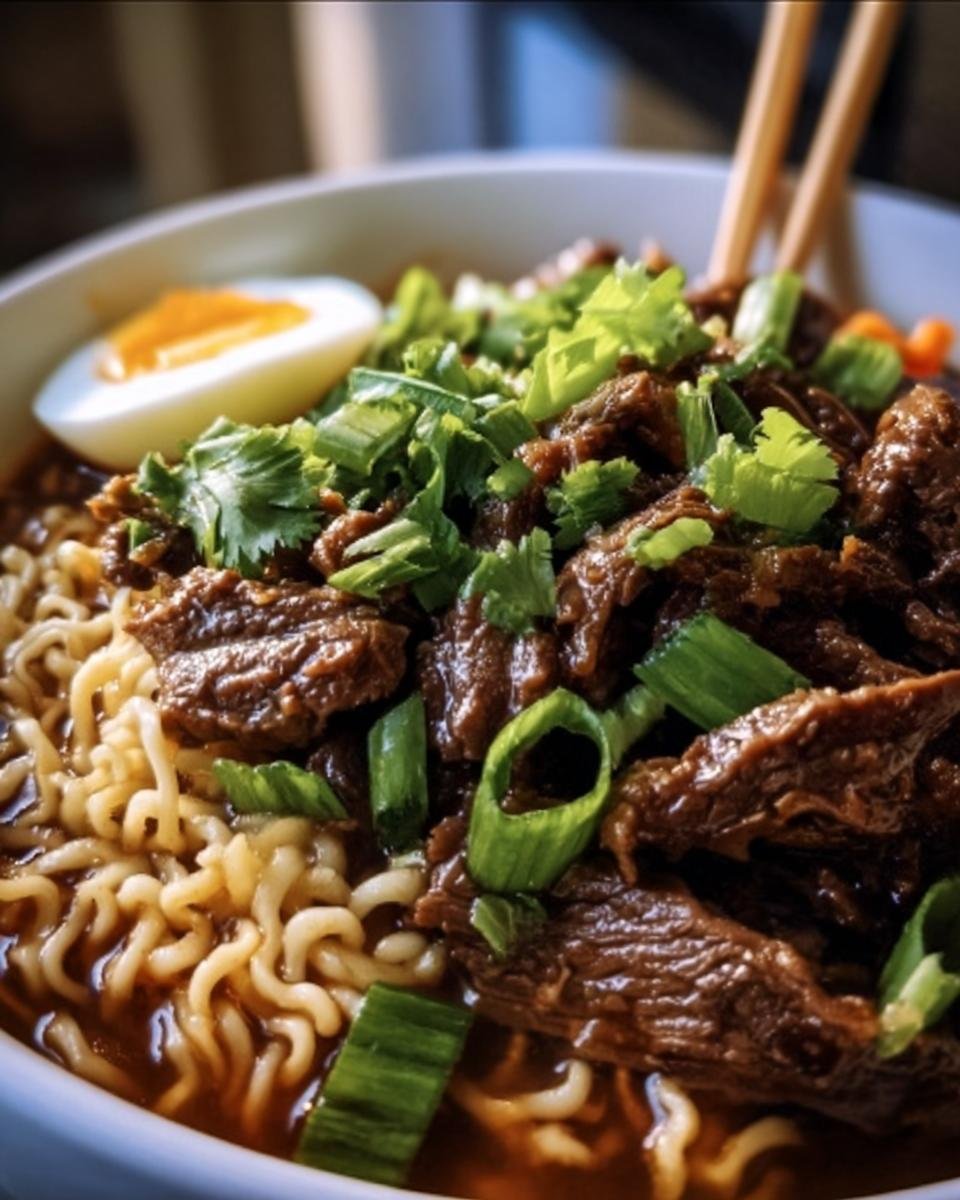 A bowl of Slow Cooker Beef Ramen Noodles with beef, noodles, egg, and green onions.