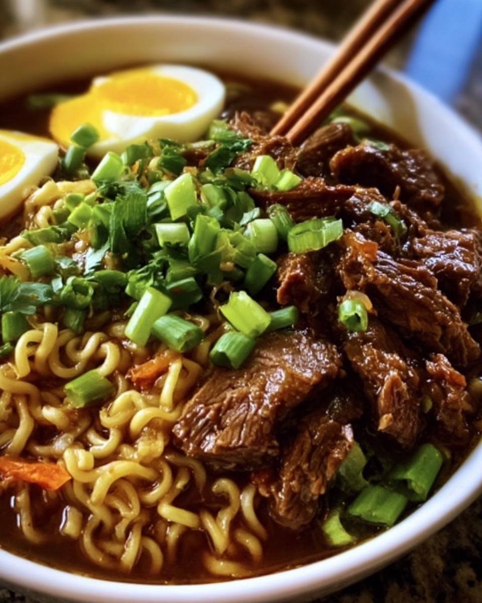 Close-up of a bowl of Slow Cooker Beef Ramen Noodles with beef, egg, and green onions.