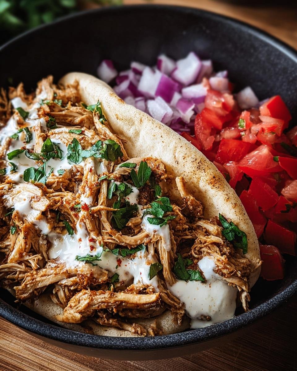 A bowl of Slow Cooker Chicken Shawarma with pita, diced tomatoes, red onions, and a creamy white sauce.
