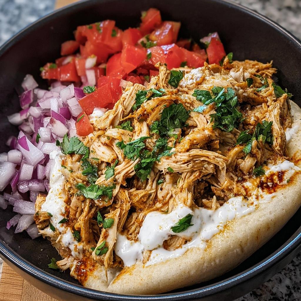 A bowl of Slow Cooker Chicken Shawarma with pita bread, tomatoes, red onions, and a creamy sauce.