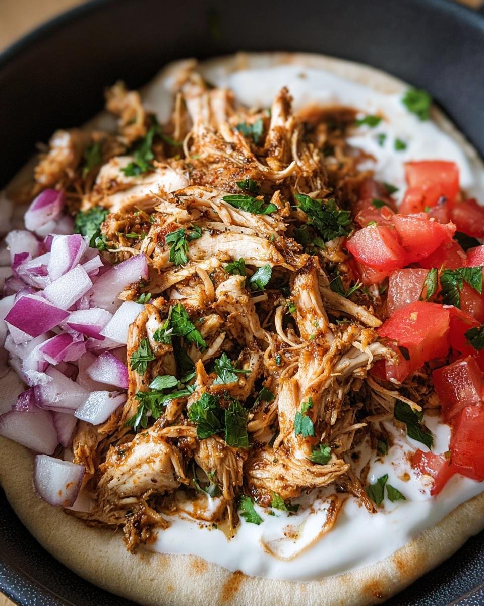 Close-up of Slow Cooker Chicken Shawarma on pita bread with yogurt sauce, tomatoes, and red onions.