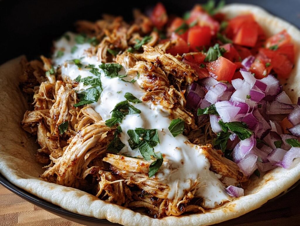 Close-up of Slow Cooker Chicken Shawarma on pita bread with yogurt sauce, tomatoes, and red onions.