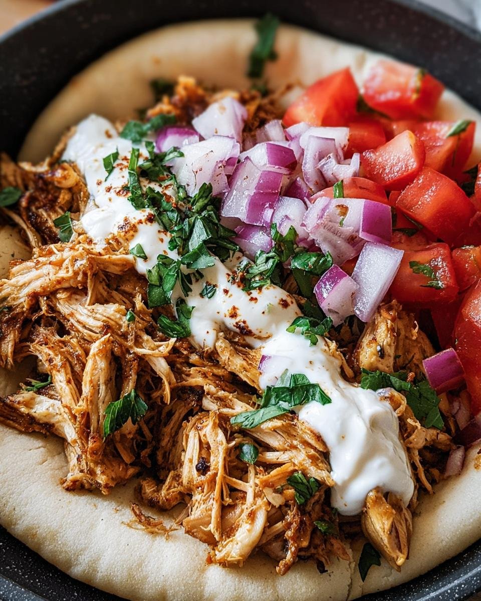 Close-up of Slow Cooker Chicken Shawarma served on pita bread with tomatoes, onions, and a creamy sauce.