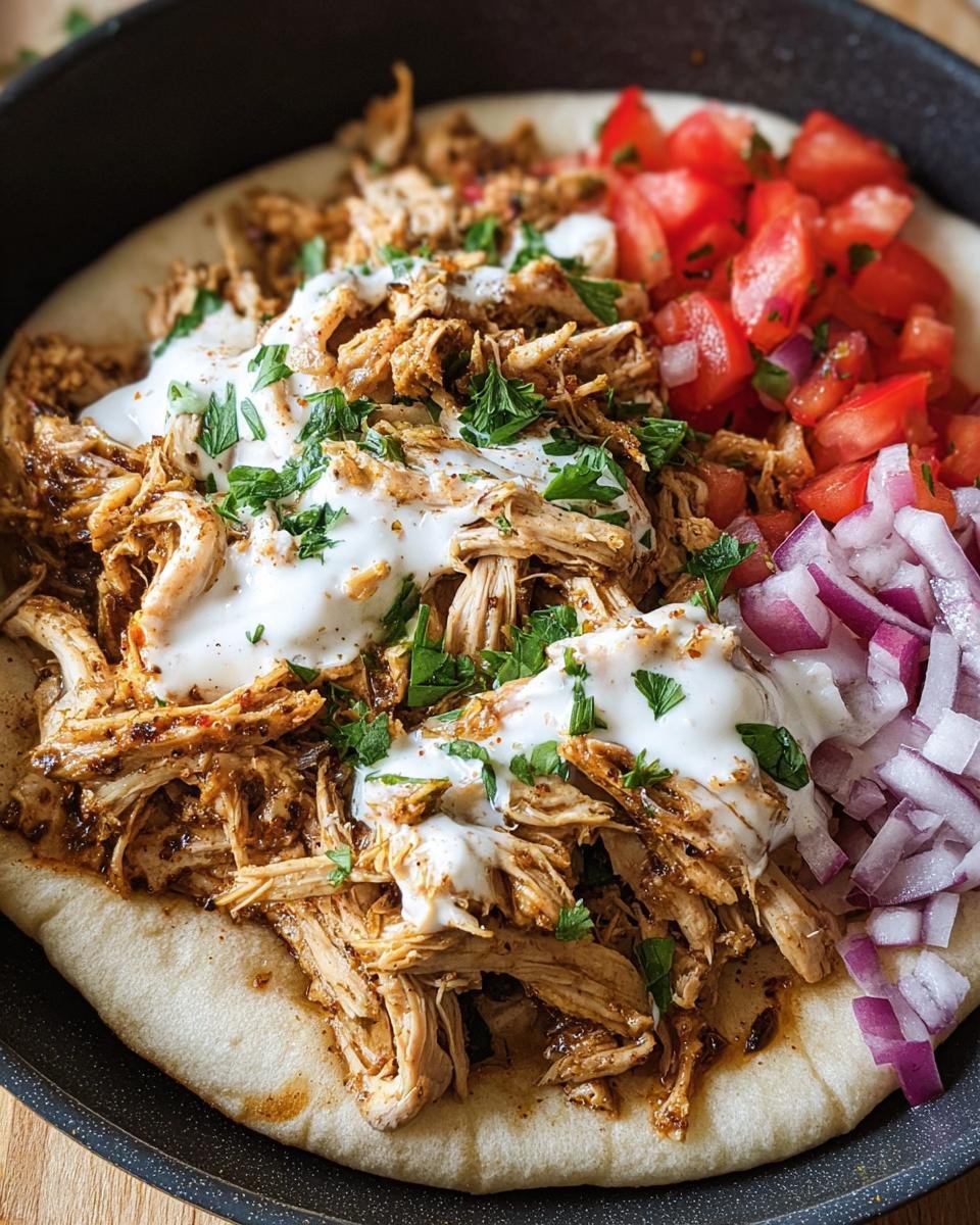 Slow Cooker Chicken Shawarma served on pita bread with tomatoes, onions, and a creamy sauce.