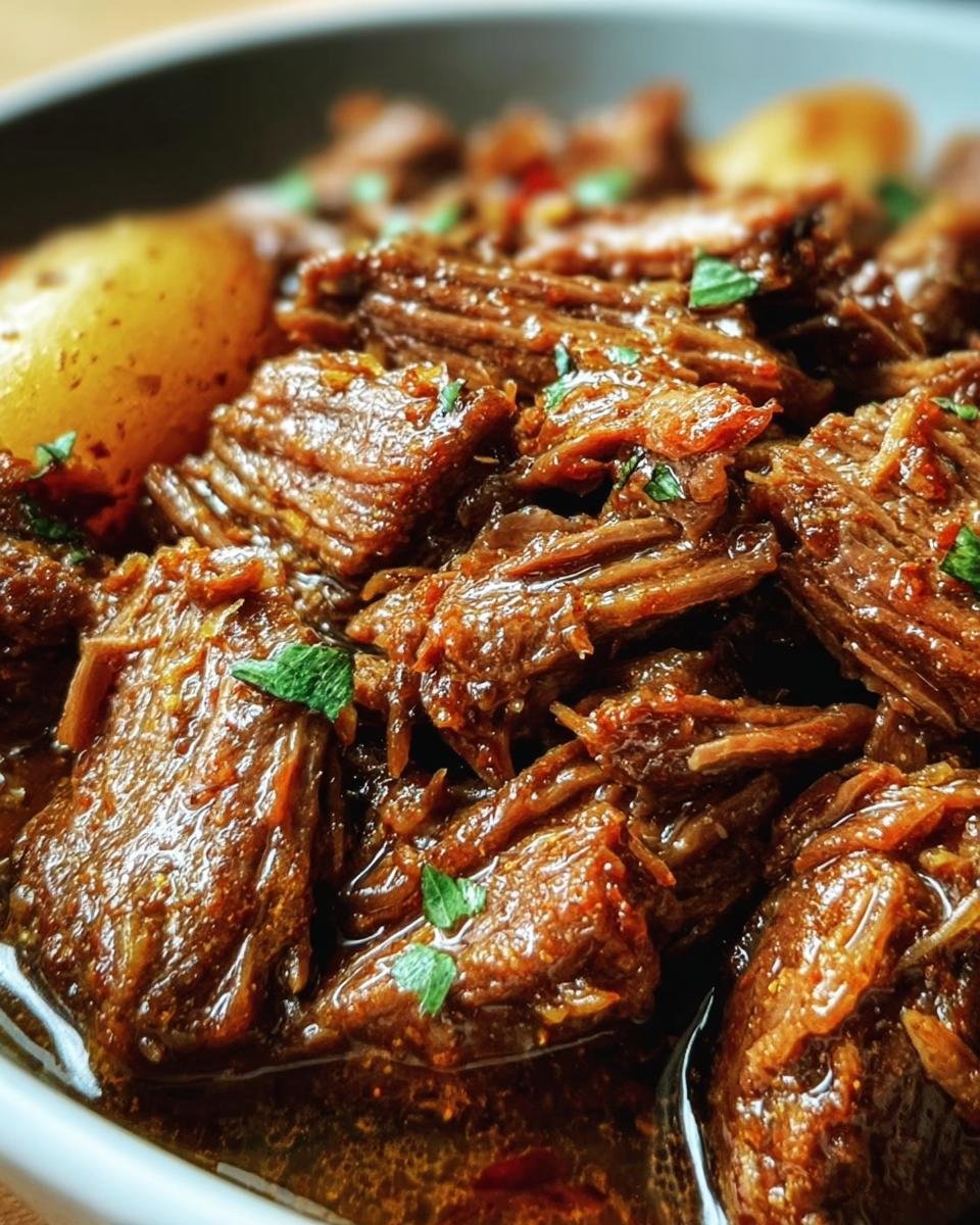 A close-up of Slow Cooker Garlic Butter Beef with potatoes and fresh parsley.