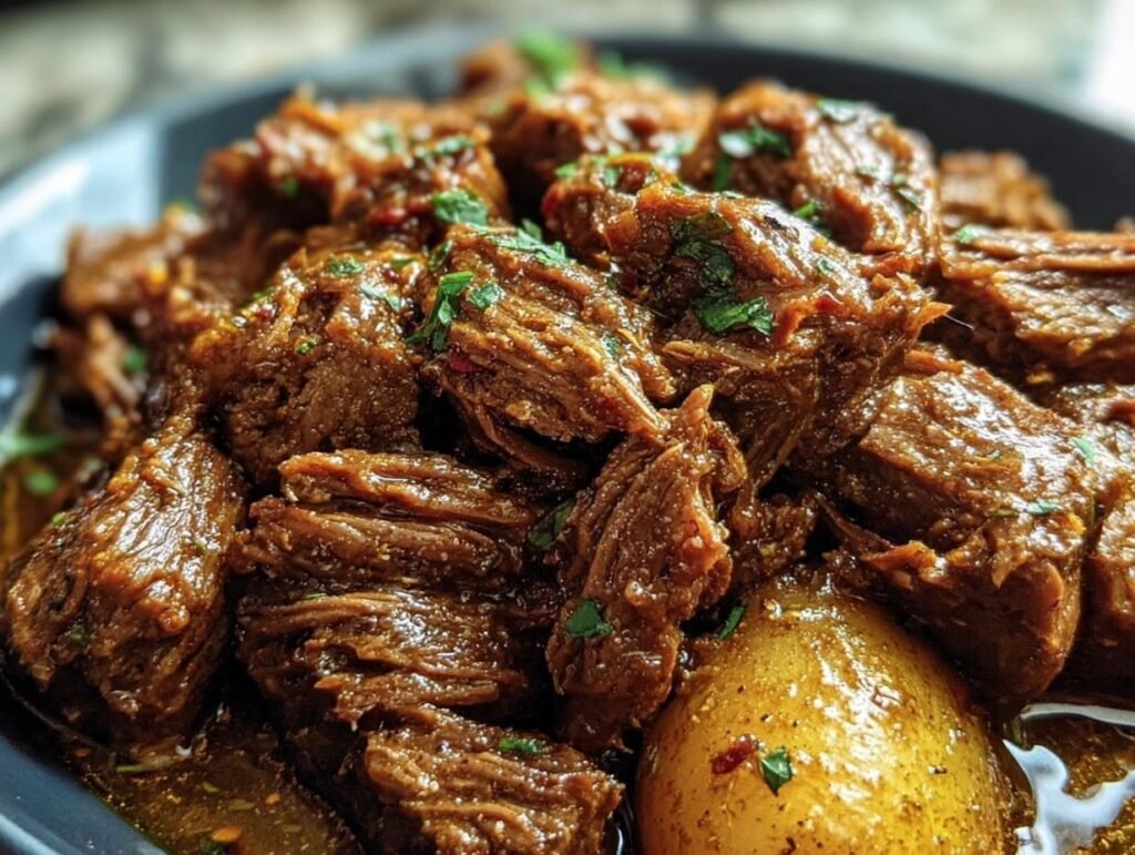 Close-up of Slow Cooker Garlic Butter Beef served with a potato, garnished with parsley.
