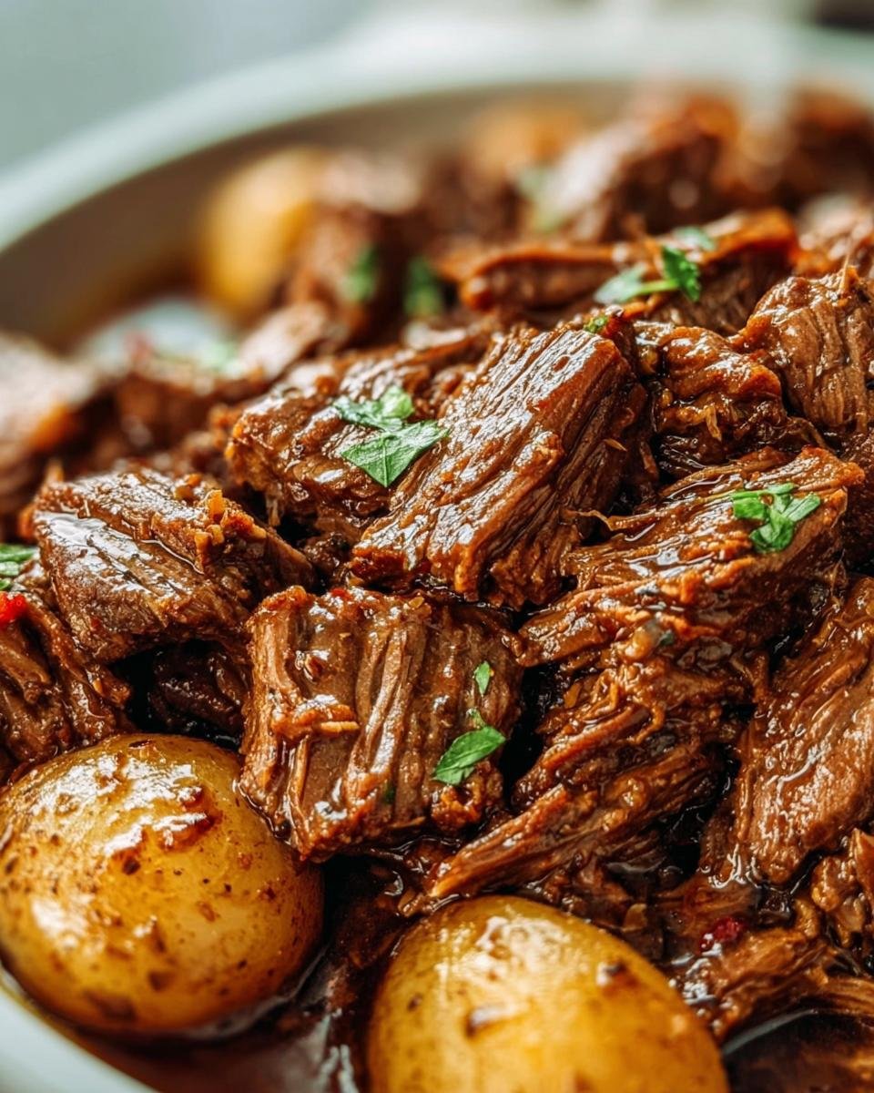 Close-up of Slow Cooker Garlic Butter Beef with tender beef chunks and potatoes, garnished with parsley.