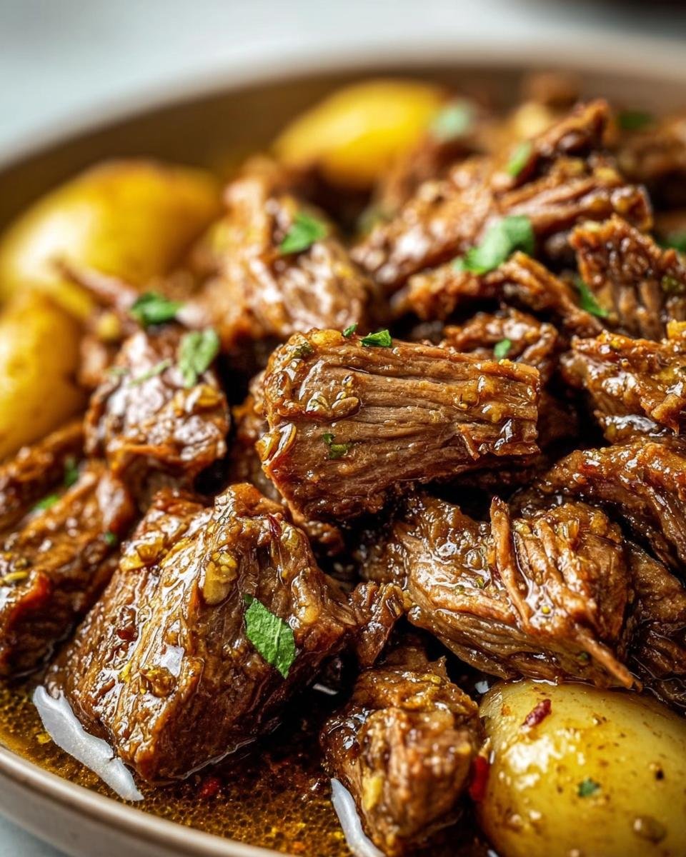 Close-up of Slow Cooker Garlic Butter Beef chunks with potatoes, garnished with parsley.