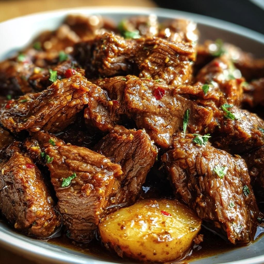 Close-up of Slow Cooker Garlic Butter Beef, featuring tender beef pieces and potatoes in a rich sauce.