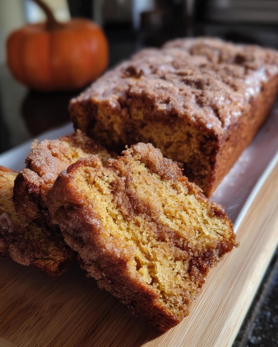 A sliced loaf of Snickerdoodle Pumpkin Bread with a cinnamon sugar crust, served on a wooden board with a pumpkin in the background.