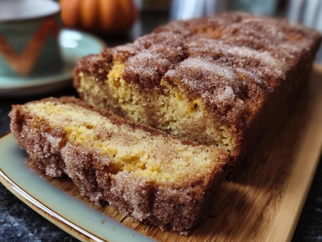 A loaf of Snickerdoodle Pumpkin Bread with a slice cut, showing the texture and cinnamon sugar topping.