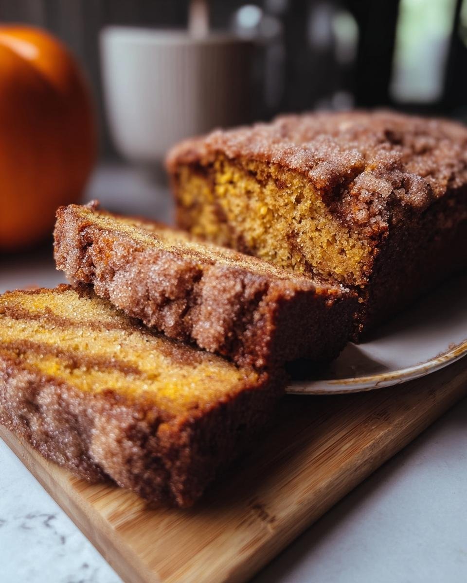 Slices of freshly baked Snickerdoodle Pumpkin Bread on a wooden board, showcasing the cinnamon sugar topping.
