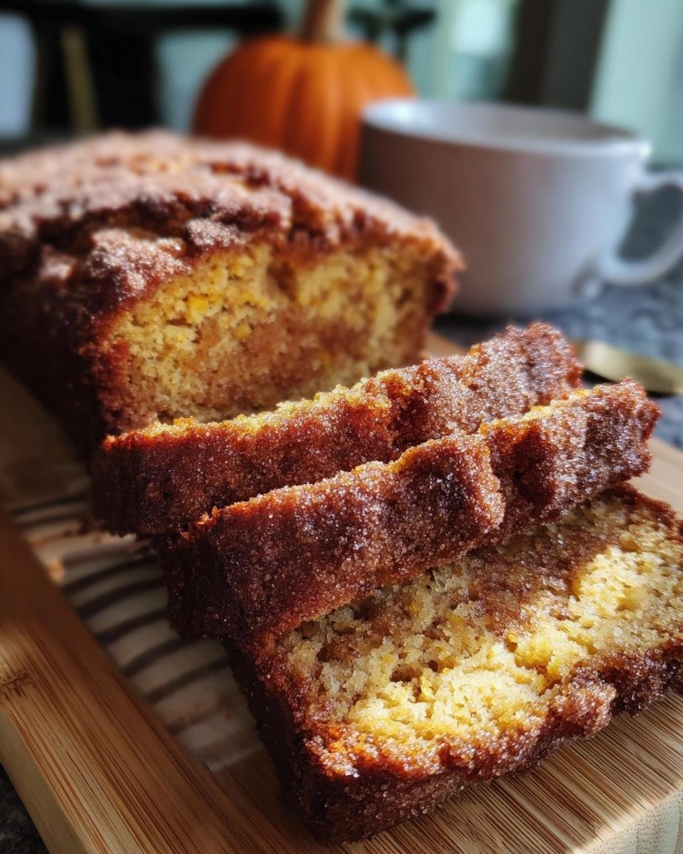 Close-up of sliced Snickerdoodle Pumpkin Bread on a wooden board, showcasing the texture and cinnamon sugar topping.