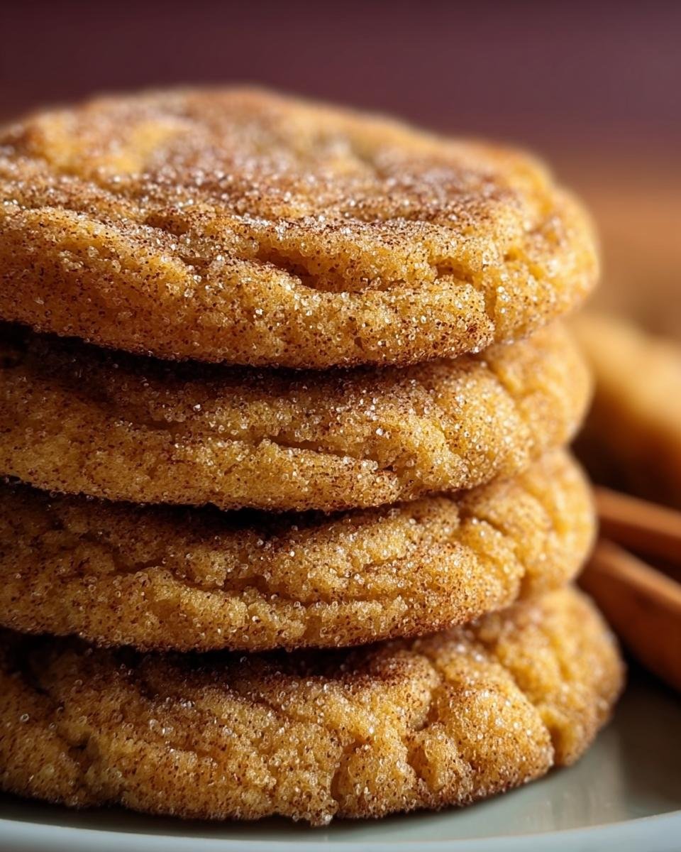 A stack of four homemade Spice Sugar Cookies, coated in sugar and spice, with cinnamon sticks in the background.