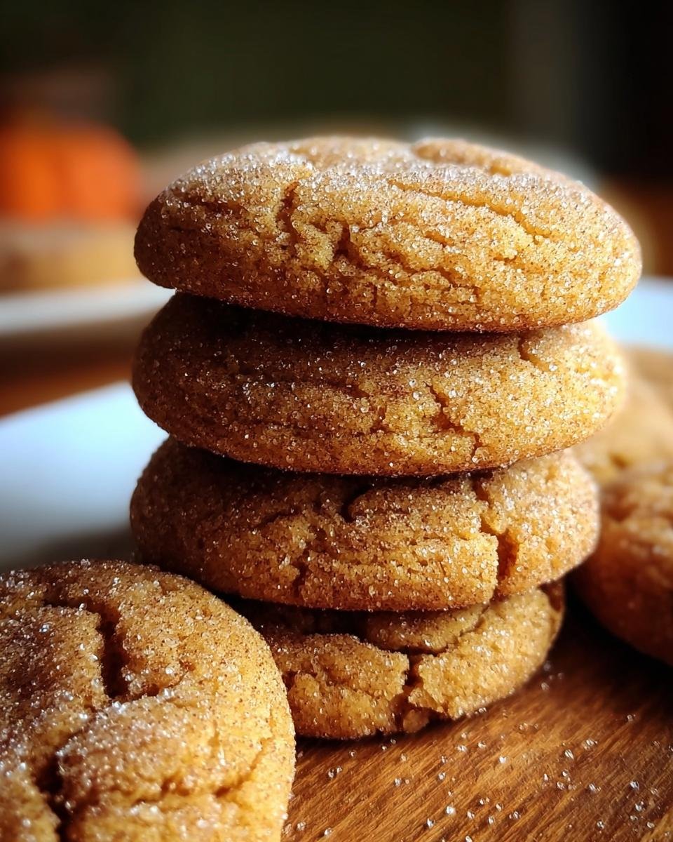 A stack of homemade Spice Sugar Cookies, coated in sugar, on a wooden surface.