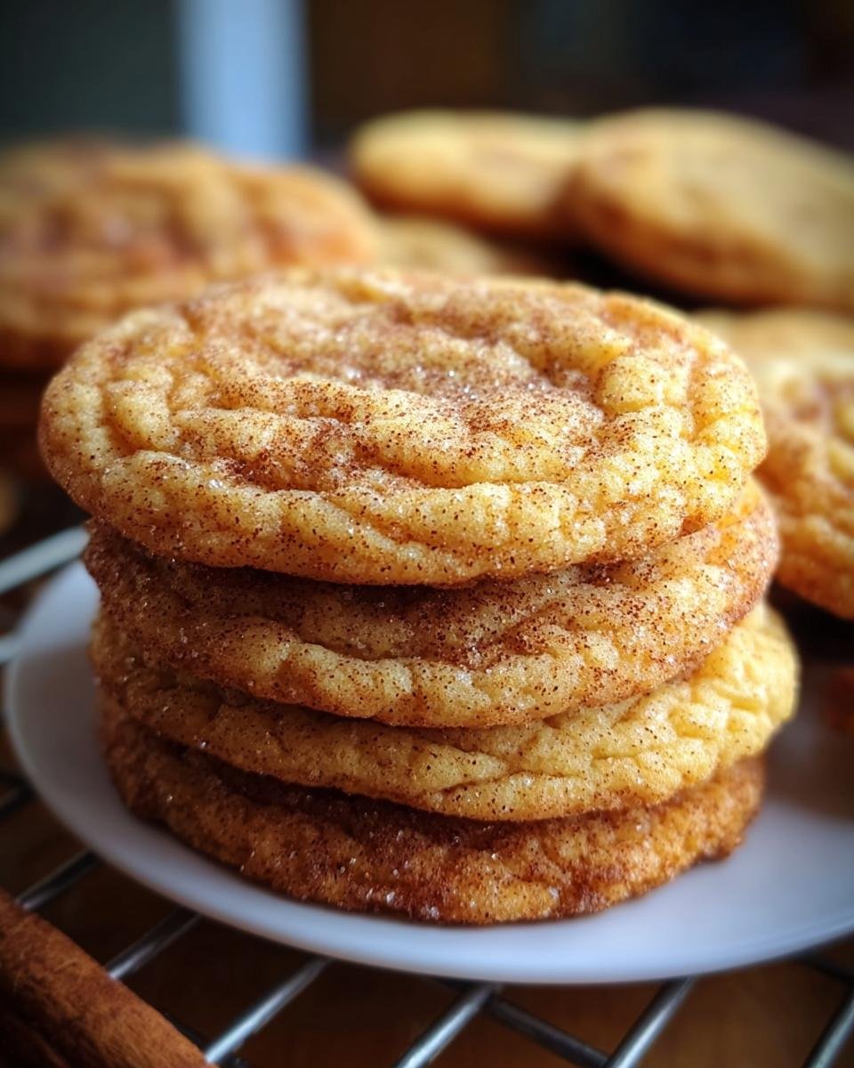 A stack of four homemade Spice Sugar Cookies, coated in cinnamon sugar, on a white plate.