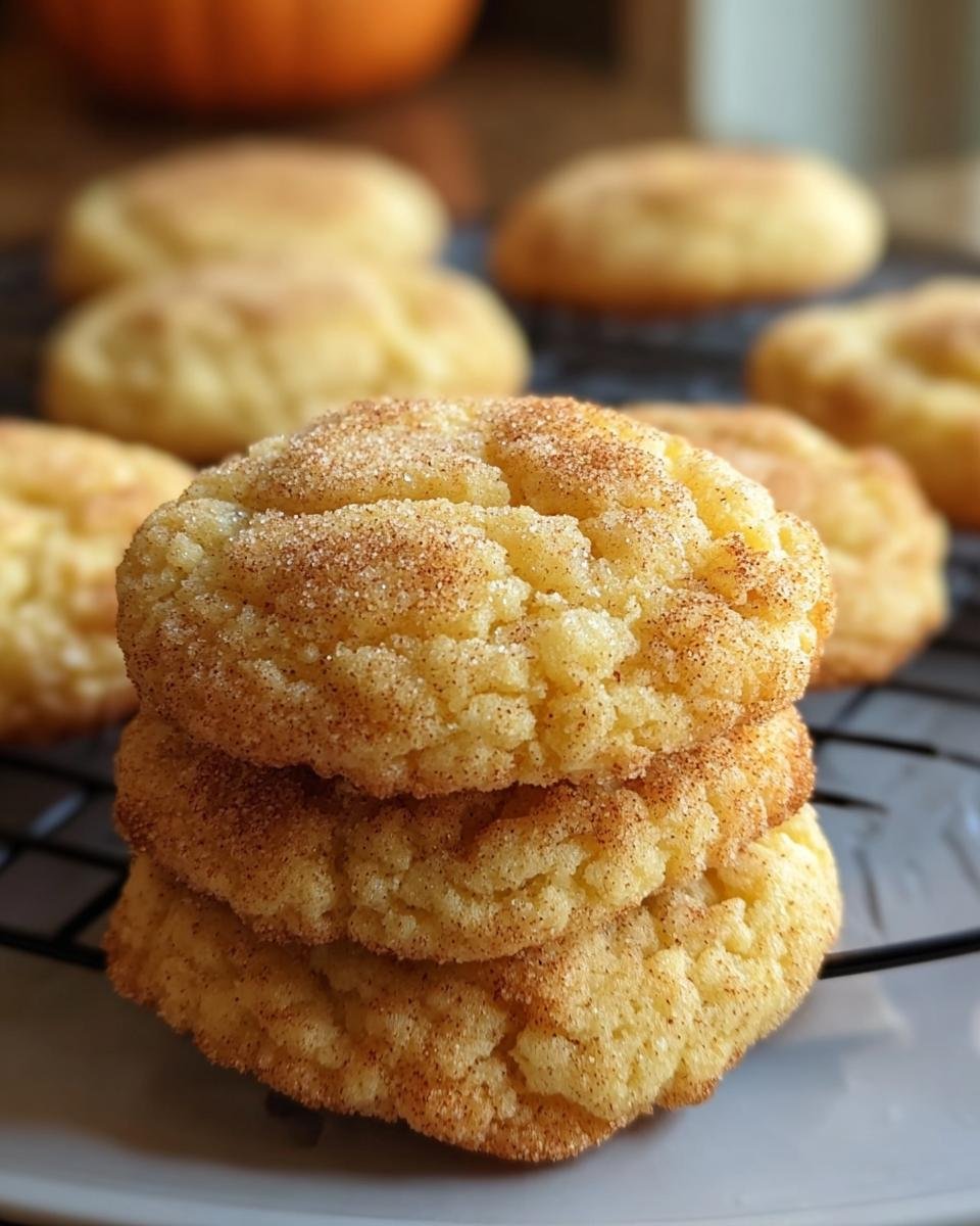A stack of three homemade Spice Sugar Cookies, coated in cinnamon sugar, with more cookies on a cooling rack in the background.