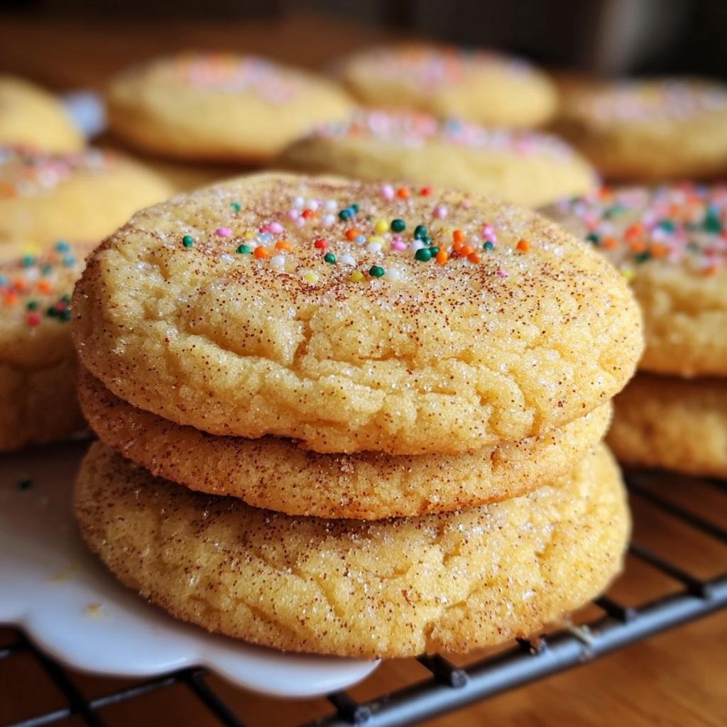 A stack of three Spice Sugar Cookies, topped with colorful sprinkles and spice sugar, on a cooling rack.