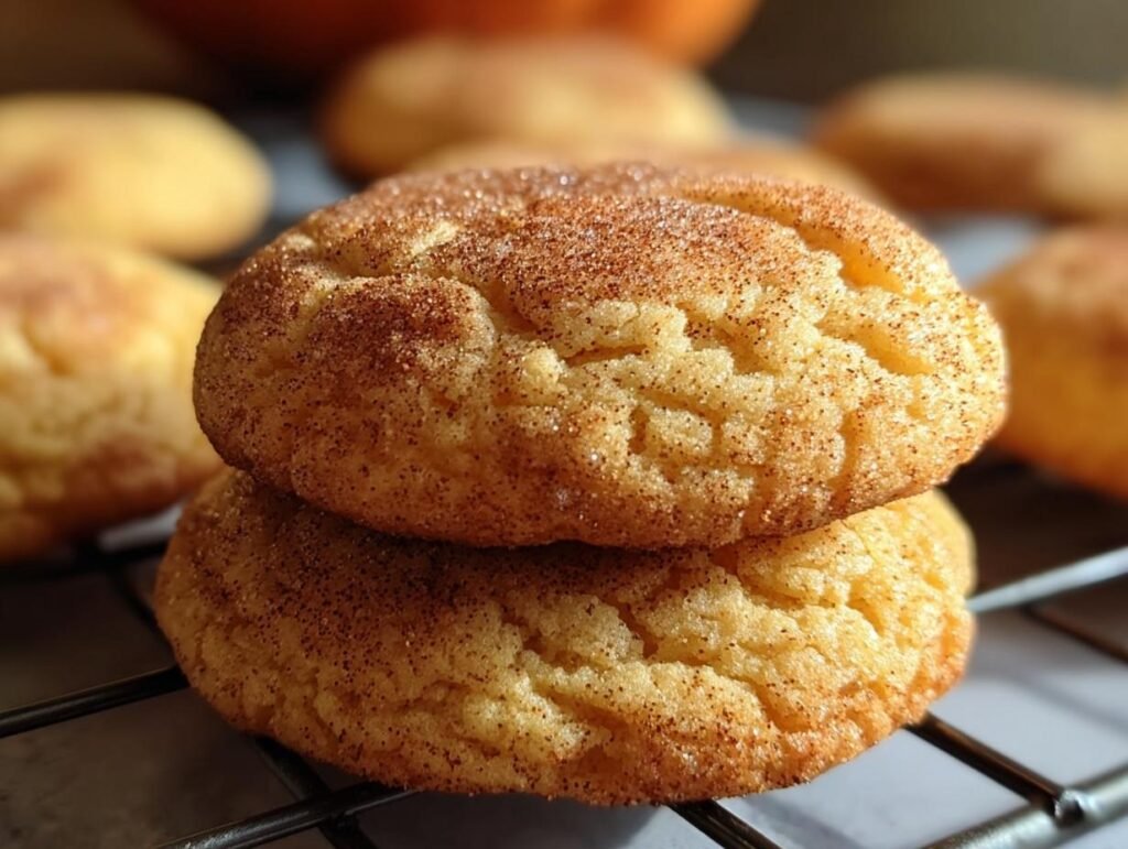 Two spice sugar cookies stacked on a cooling rack, dusted with cinnamon sugar.