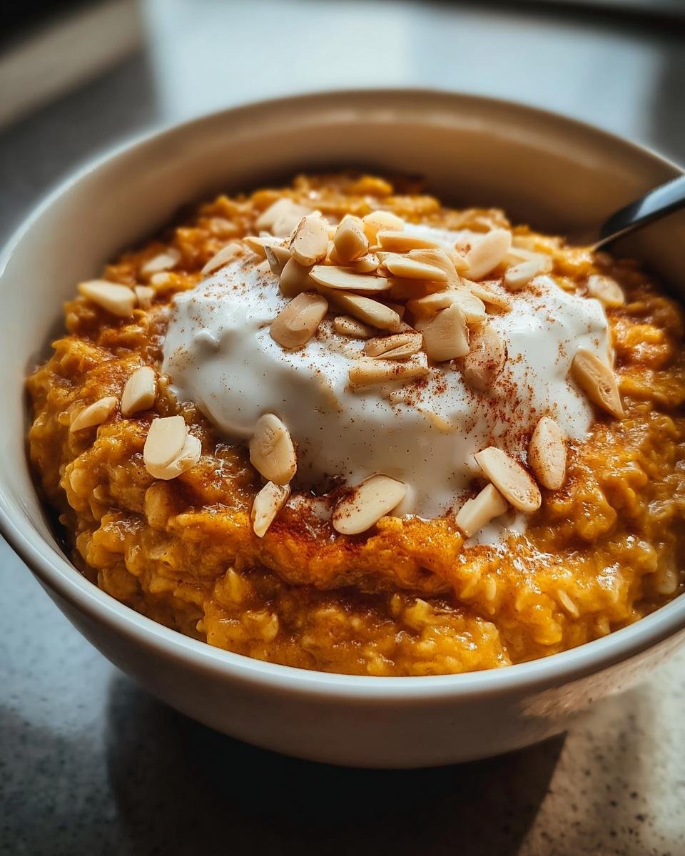 A bowl of Spiced Pumpkin Oatmeal topped with yogurt and sliced almonds, ready to eat.