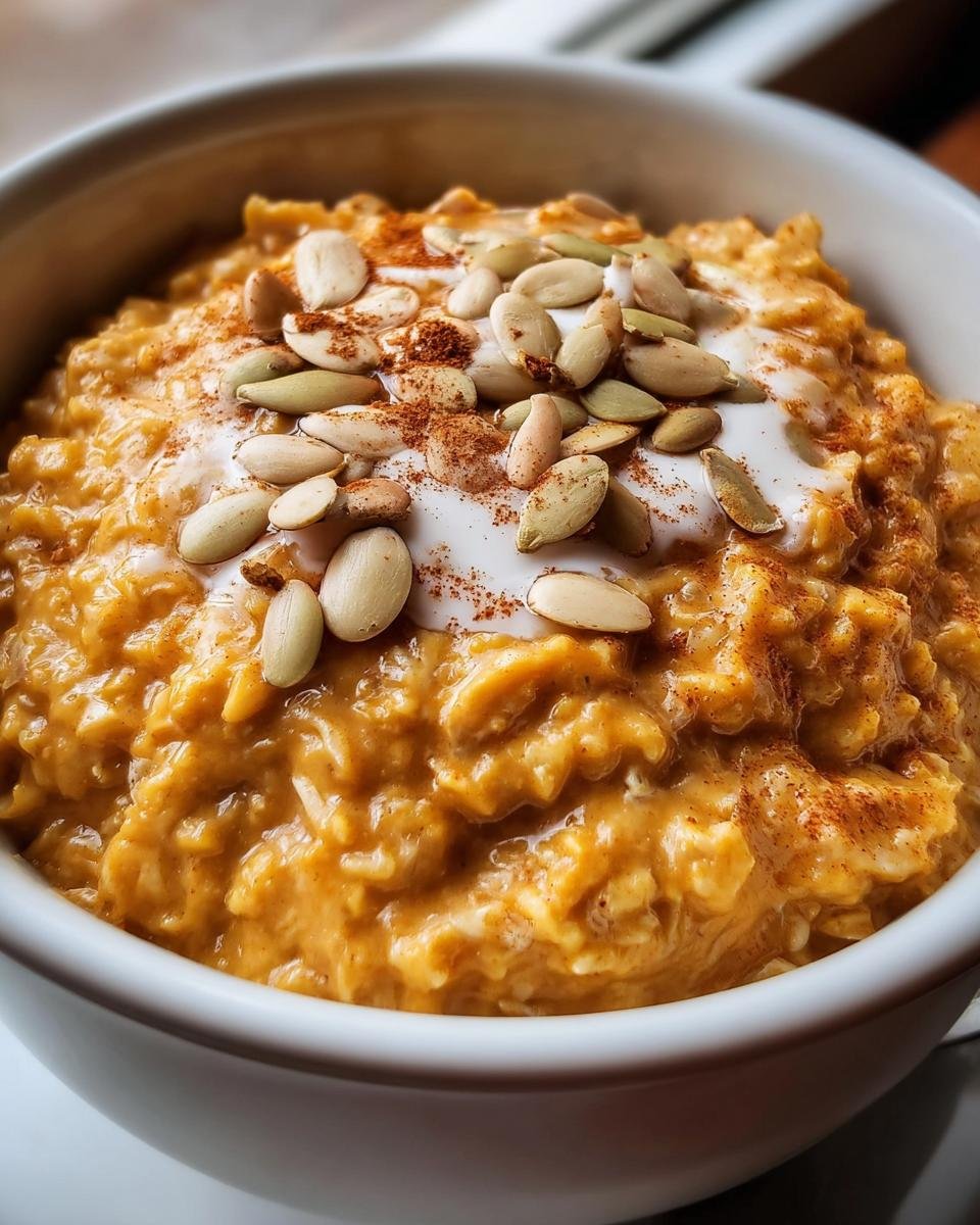A bowl of spiced pumpkin oatmeal topped with yogurt, pumpkin seeds, and a sprinkle of cinnamon.