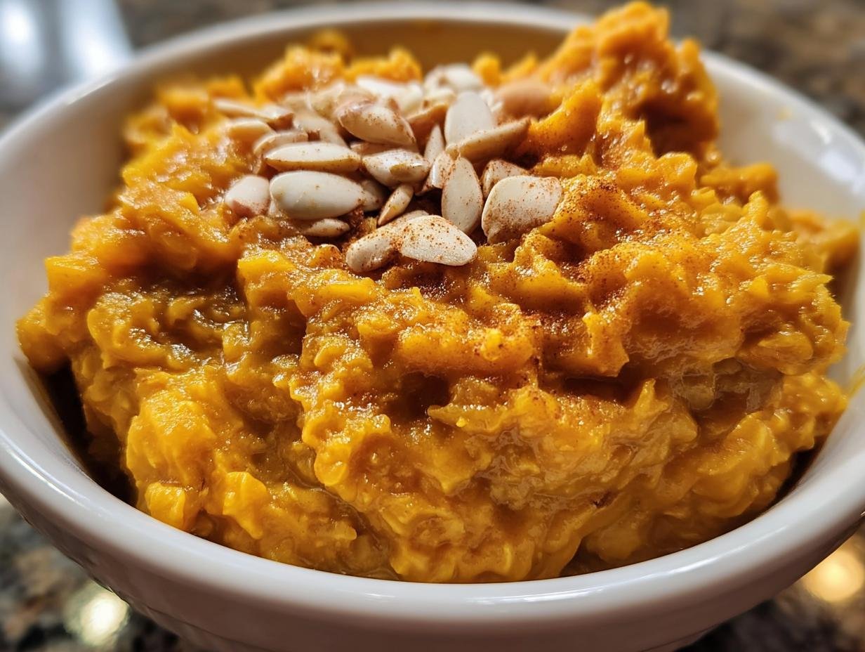 A bowl of warm spiced pumpkin oatmeal topped with sliced almonds and a sprinkle of spice.