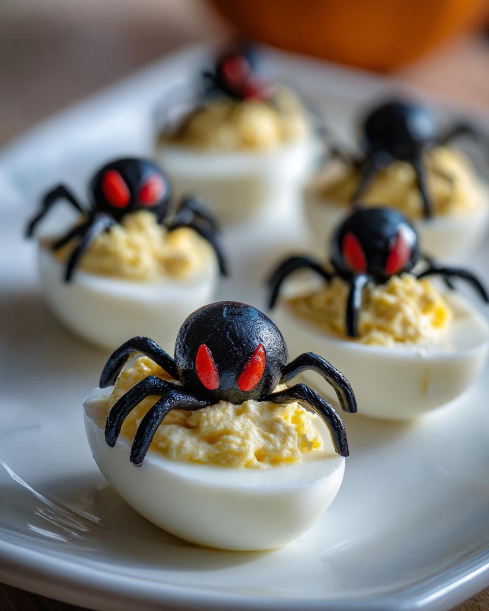 Close-up of Spider Deviled Eggs featuring black spider decorations with red eyes on a white plate.