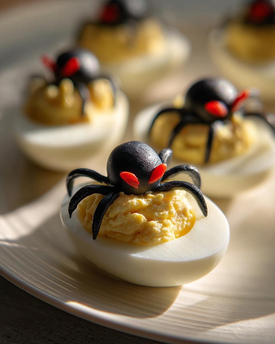 Close-up of Spider Deviled Eggs, a Halloween treat with olive spiders on creamy deviled egg halves.