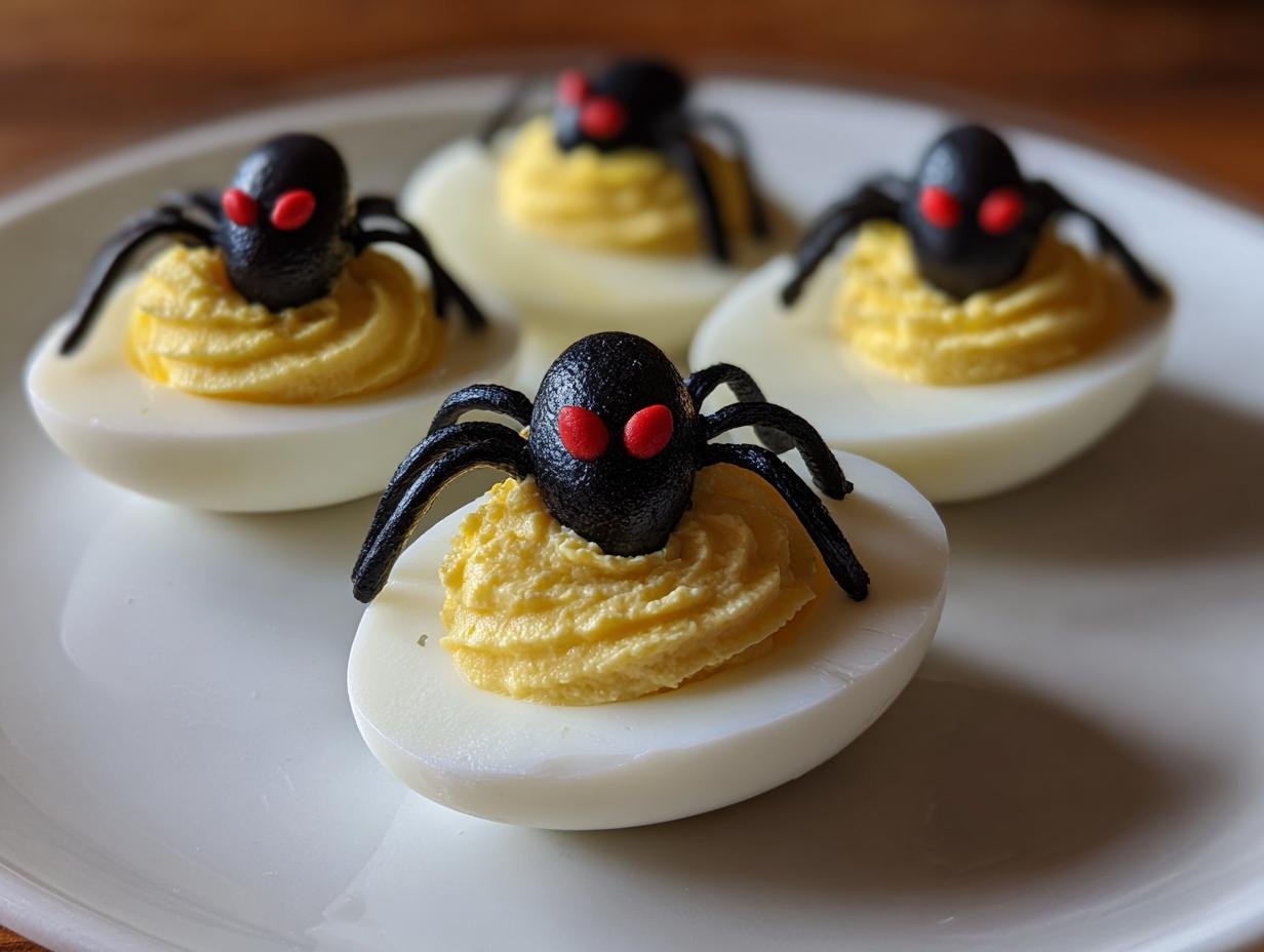 Four Spider Deviled Eggs on a white plate, perfect for a Halloween party.
