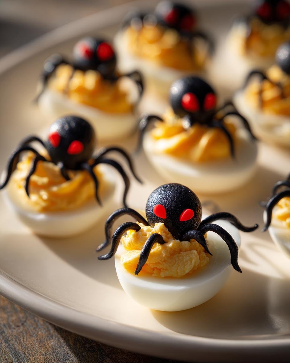 A platter of Spider Deviled Eggs, decorated with black spider toppers for a spooky Halloween treat.