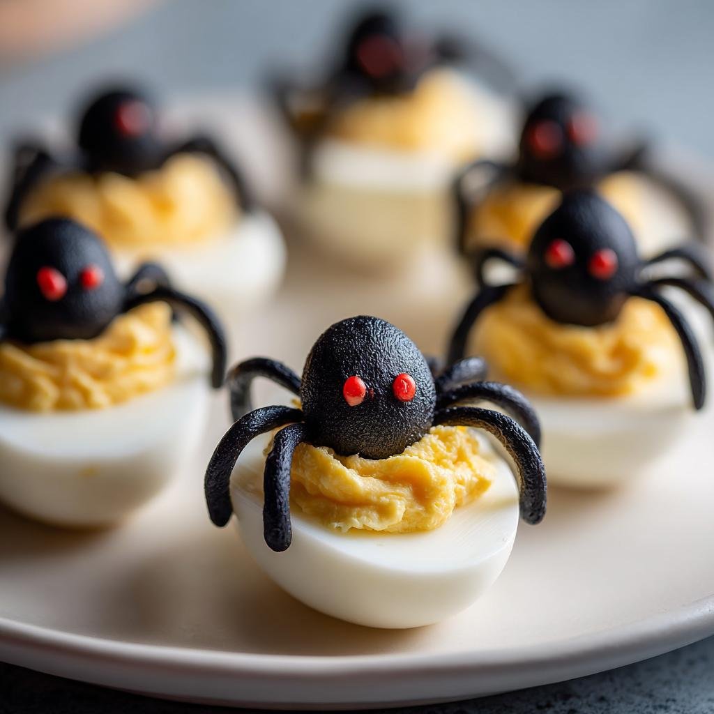 Close-up of Spider Deviled Eggs featuring a black spider decoration with red eyes on a deviled egg.