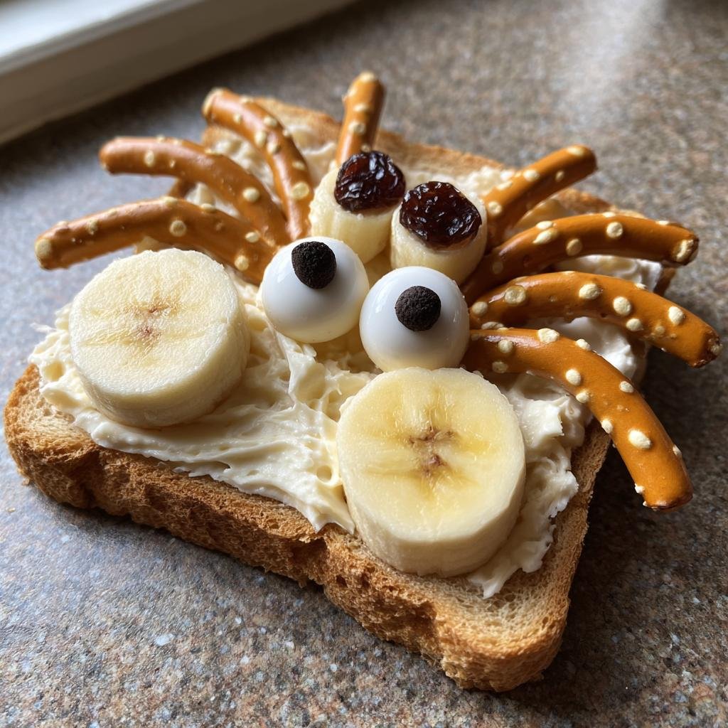 Spider Toast: Toast with cream cheese, banana slices, pretzel legs, and candy eyes.