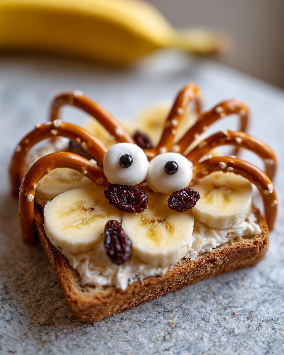 Spider Toast with banana slices, pretzel legs, raisin 'eyes', and cream cheese. A fun Spider Toast & Fruit Bats treat!